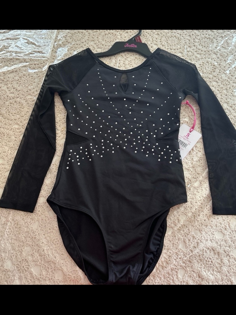 Justice Black Long-Sleeve One-Piece Leotard with Rhinestone Accents